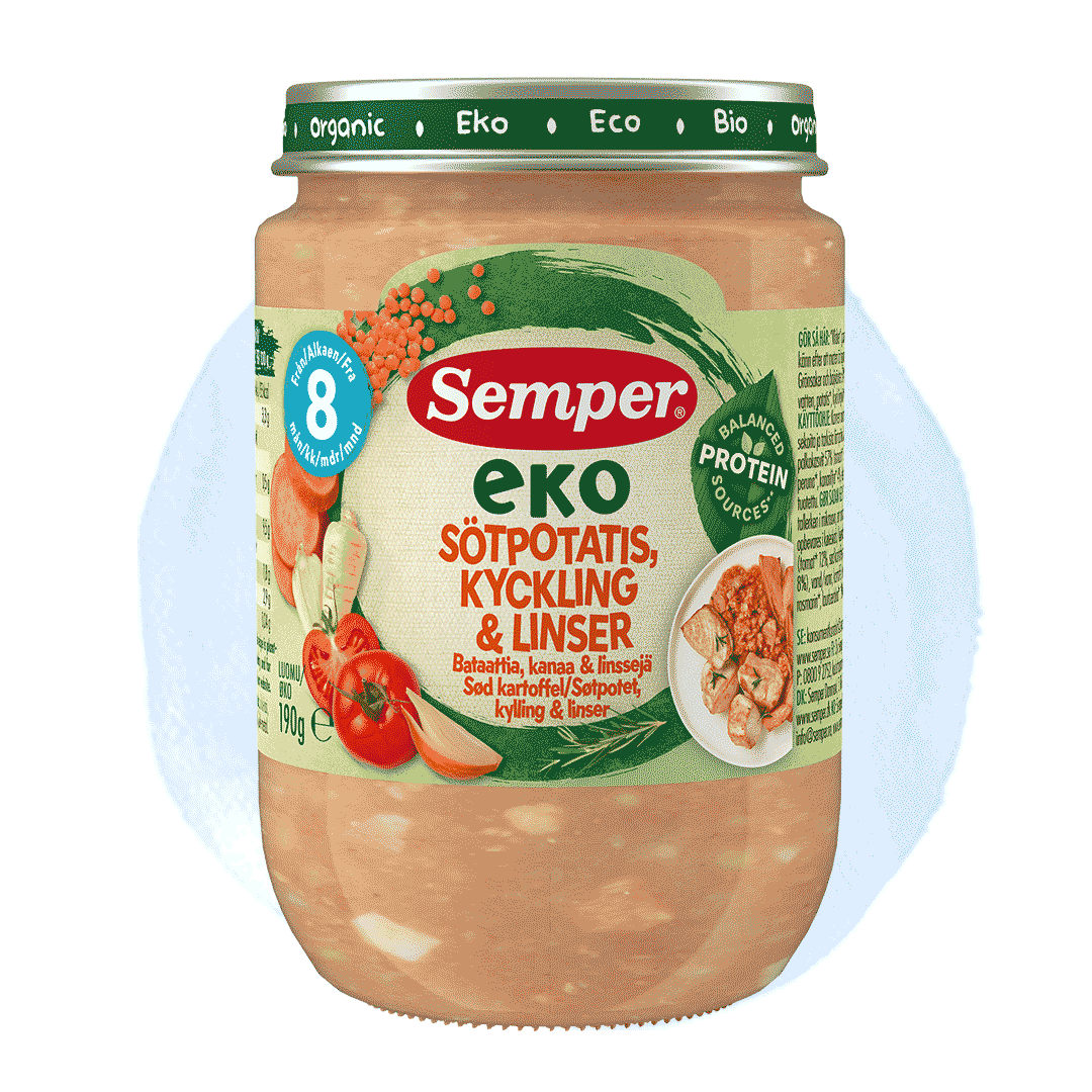 Eko sötpotatis med kyckling & linser 8m