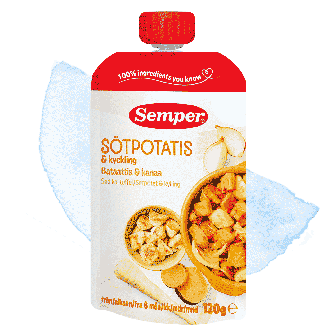 Sötpotatis & kyckling i klämpåse från Semper Barnmat